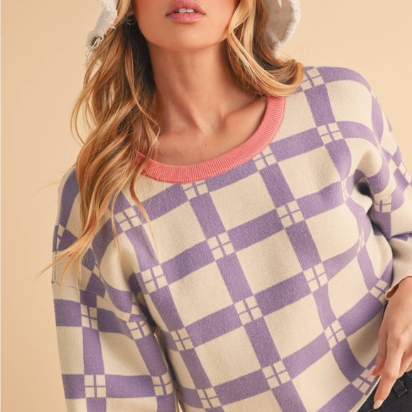 Anthropologie Purple and Cream Checkered Women's Sweater - Picture 2 of 5